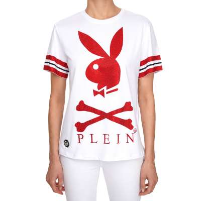Bunny Logo Print T-Shirt mit Kristallen Weiß Rot