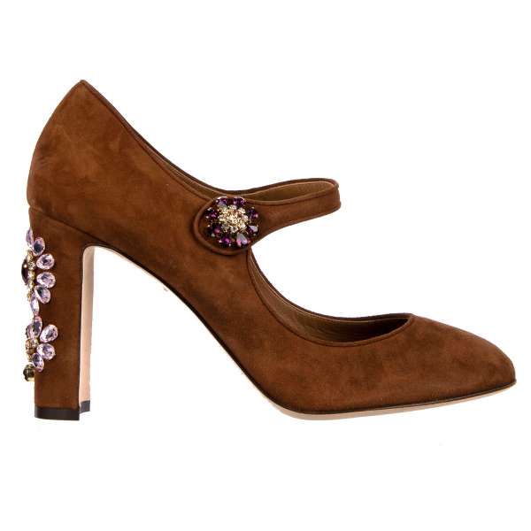 Suede Mary Jane Pumps VALLY with crystal flowers embellished heel in brown by DOLCE & GABBANA Black Label