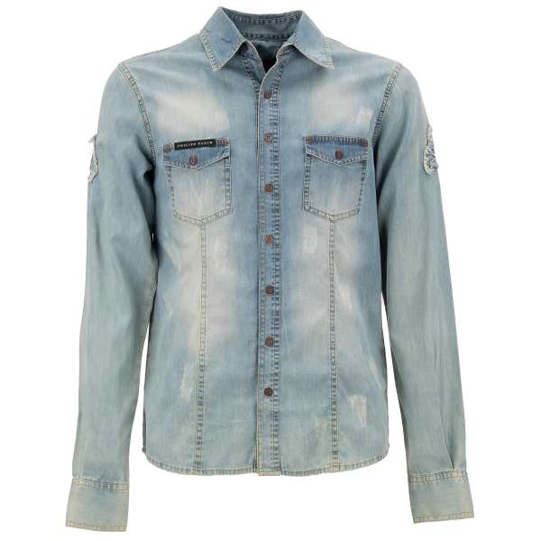 MARLON Jeans / Denim shirt with skull patch, rasor blade and two front pockets in blue by PHILIPP PLEIN
