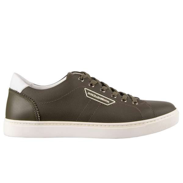 Classic calf leather sneakers LONDON in khaki and white with logo plaque by DOLCE & GABBANA