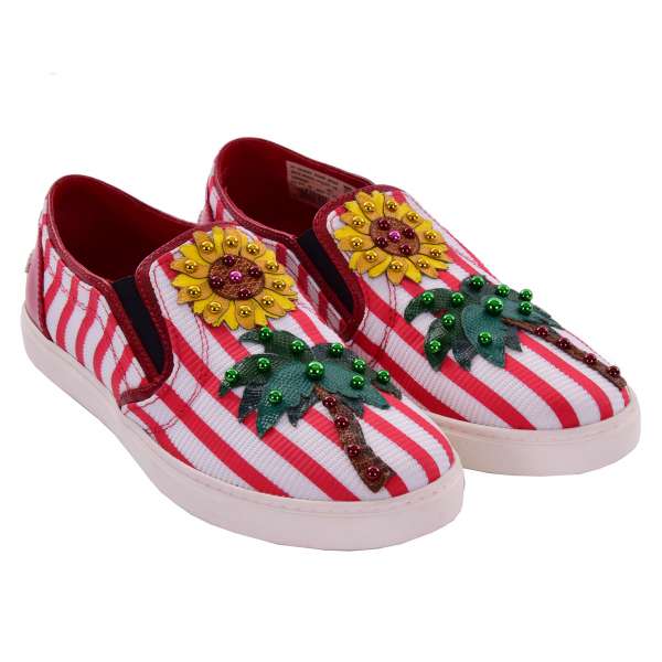 Slip-On Sneaker LONDON mit Palme, Sonnenblume Applikation und DG Logo in rot und weiß von DOLCE & GABBANA Black Label