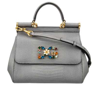DG Crystal Logo Lizzard Pattern Leather Tote Bag SICILY Gray Gold