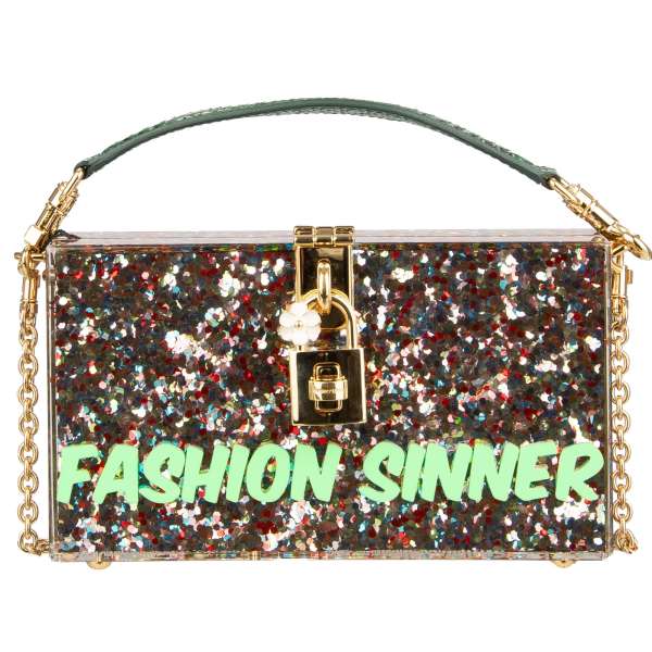 Sequins embellished plexiglas shoulder bag / clutch DOLCE BOX with Fashion Sinner lettering and decorative padlock with flower by DOLCE & GABBANA