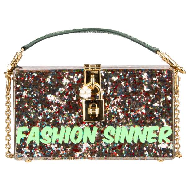 Mit Pailletten geschmückte Schultertasche / Clutch DOLCE BOX aus Plexiglas mit Fashion Sinner Beschriftung und dekorativem Schloss mit Blume von DOLCE & GABBANA