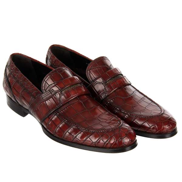 Very exclusive and rare, crocodile leather loafer shoes with metal logo NAPOLI in dark red by DOLCE & GABBANA