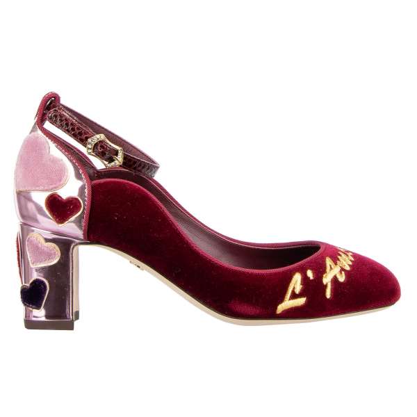 Velvet Ankle Strap Pumps VALLY in red and pink with gold embroidered L'Amore, hearts embellished block heel and snakeskin ankle strap by DOLCE & GABBANA