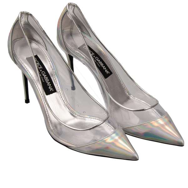 Pointed patent leather Pumps CARDINALE with transparent part and holographic effect leather in silver by DOLCE & GABBANA