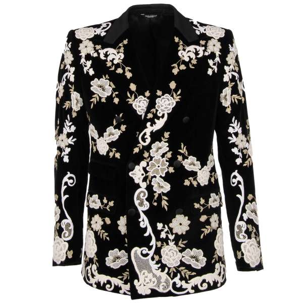 Zweireihiger Blazer SICILIA aus Samt mit Blumen Stickerei aus Spitze in Weiß und Gold von DOLCE & GABBANA