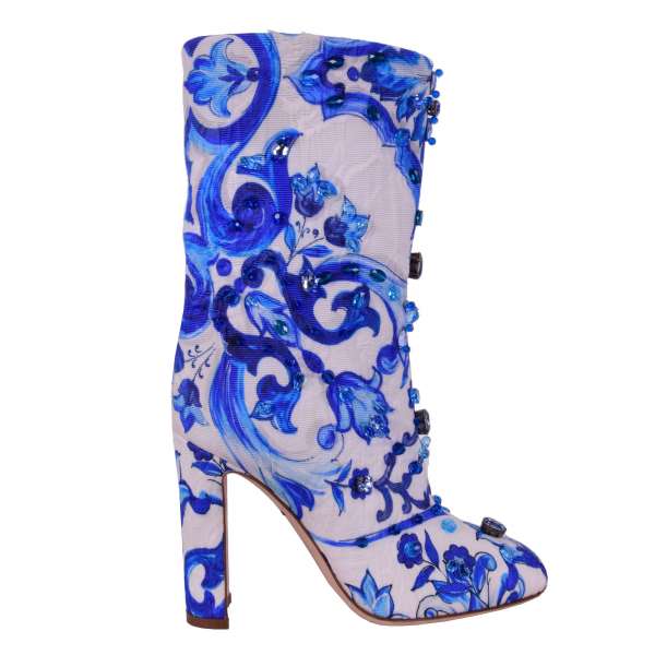 Brocade Short Boots with Majolica tile-inspired print and crystals embellishment by DOLCE & GABBANA