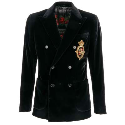 DG Logo Gold Coat of Arms Rose Velvet Blazer Jacket Black 46 S
