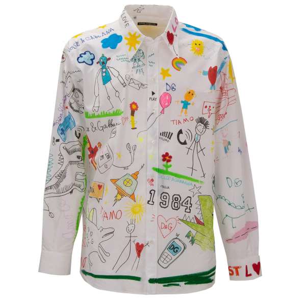 Cotton shirt with hand painted DG children dinosaur drawings in white by DOLCE & GABBANA 