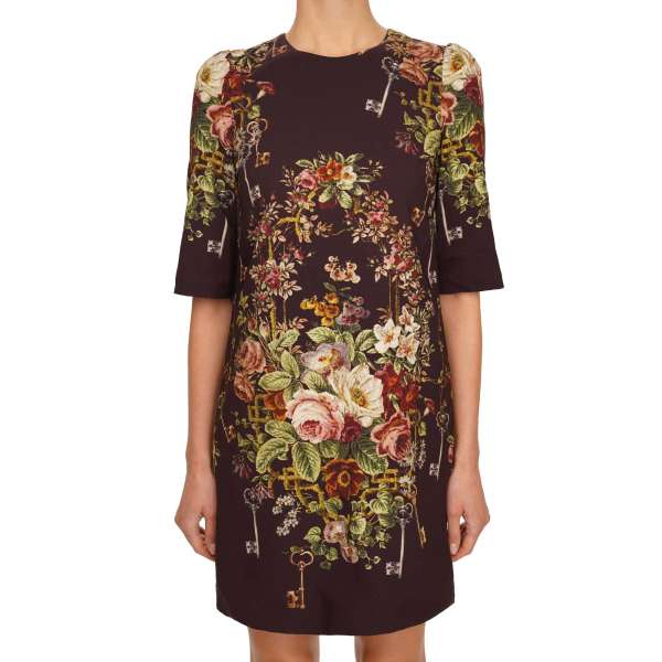 Viscose Dress with golden keys and flowers print in bordeaux by DOLCE & GABBANA