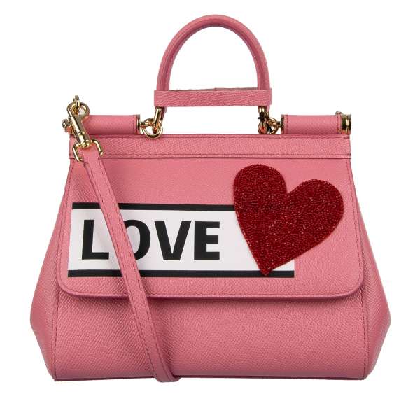 Glitter heart embellished Dauphine leather Clutch / Shoulder Bag MINI MISS SICILY with Love print and logo plaque by DOLCE & GABBANA Black Label