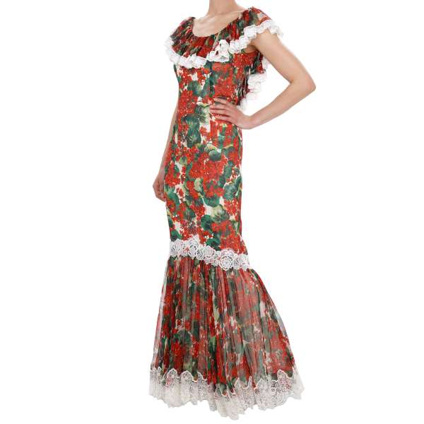 Geranien Print Maxi Kleid aus Seide mit Spitze und Unterkleid in Rot,Grün und Weiß von DOLCE & GABBANA