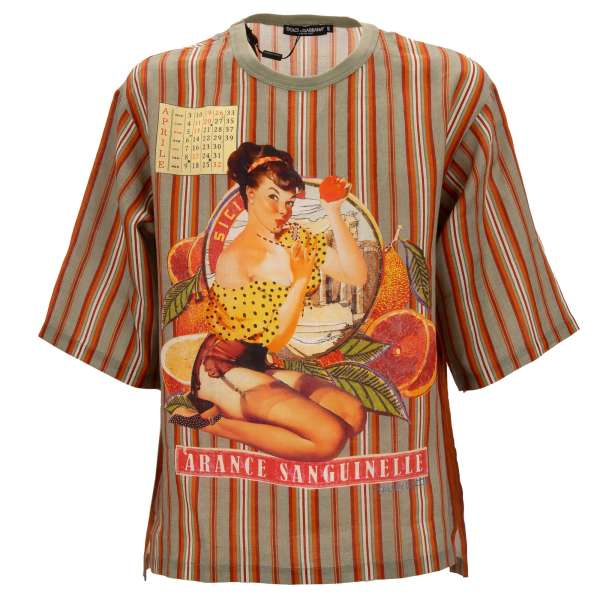 Striped Linen T-Shirt with Pin Up Sicily Orange Model in red and beige by DOLCE & GABBANA
