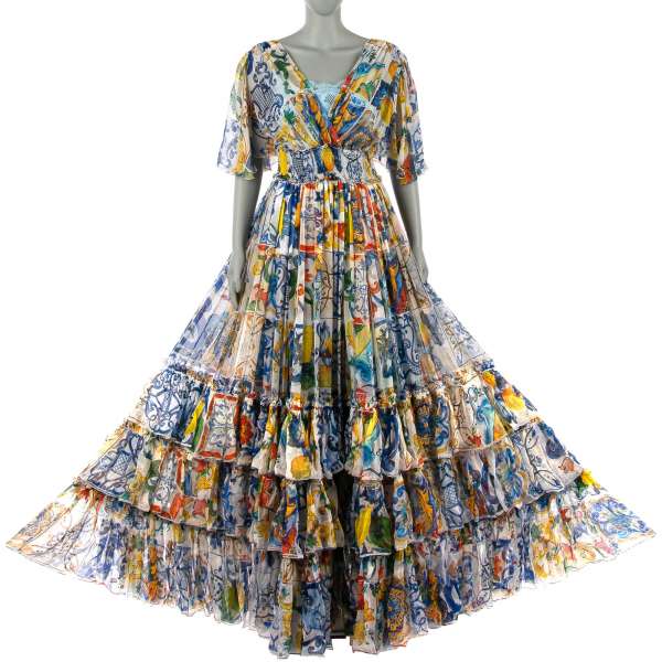 Majolica print chiffon silk voluminous long dress with many layers in blue, yellow, white, green and orange by DOLCE & GABBANA Black Label