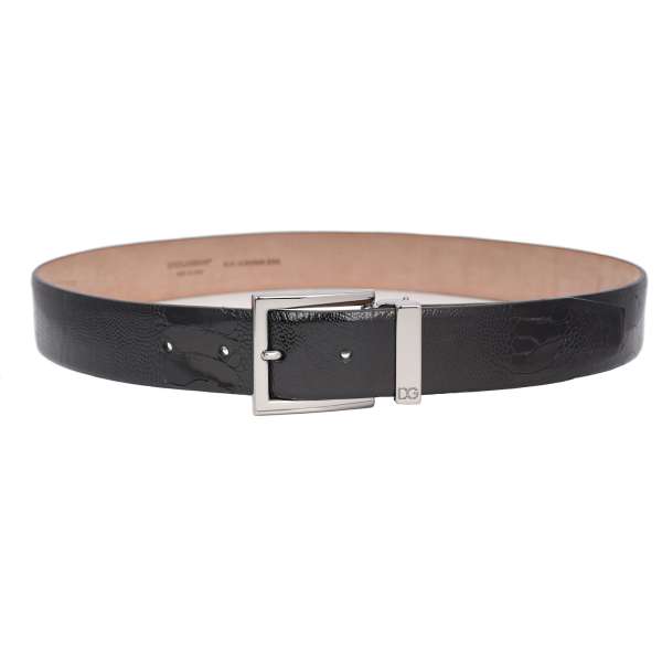 Classic Ostrich Leather belt with silver buckle in black by DOLCE & GABBANA