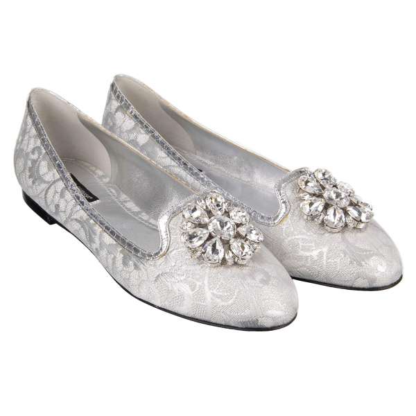 Lurex Brocade Ballet Flats VALLY with crystal brooch in silver by DOLCE & GABBANA
