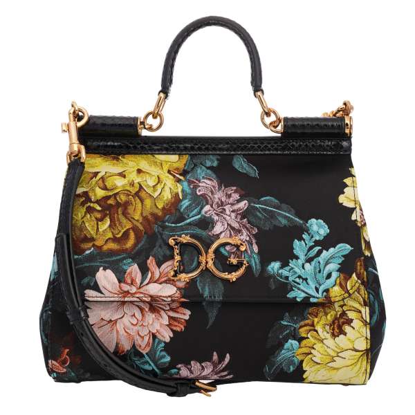 Jacquard Handtasche / Schultertasche SICILY mit Blumen Print im Barock Stil mit Details aus Schlangenleder und DG Logo von DOLCE & GABBANA