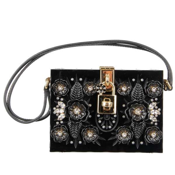 Crystals and flowers embellished plexiglas bag / clutch Cinderella DOLCE BOX with floral texture and decorative padlock by DOLCE & GABBANA