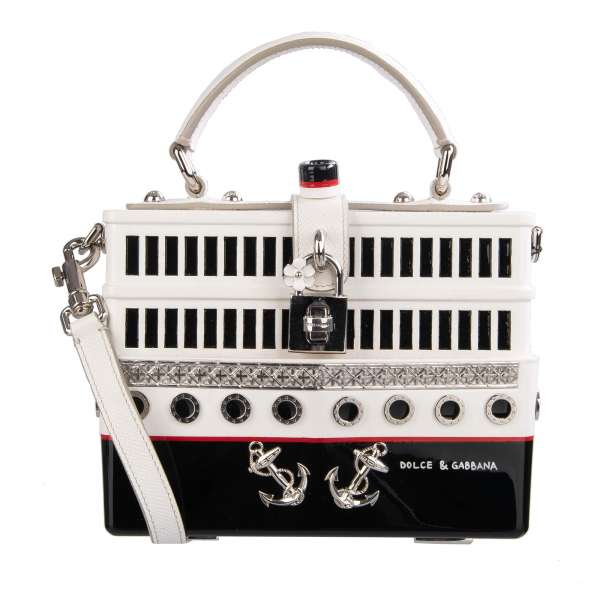 Wooden hand painted Yacht Boat bag / shoulder bag / clutch DOLCE BOX with metal decorations and decorative padlock with flower in silver, white and black by DOLCE & GABBANA