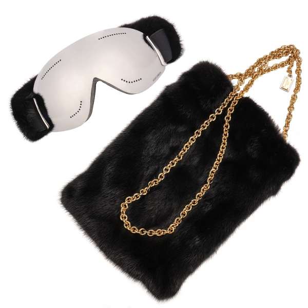 Silver mirrored lense Ski Goggles BI0723 with fur embellished strap and mink bag with chain and logo by DOLCE & GABBANA