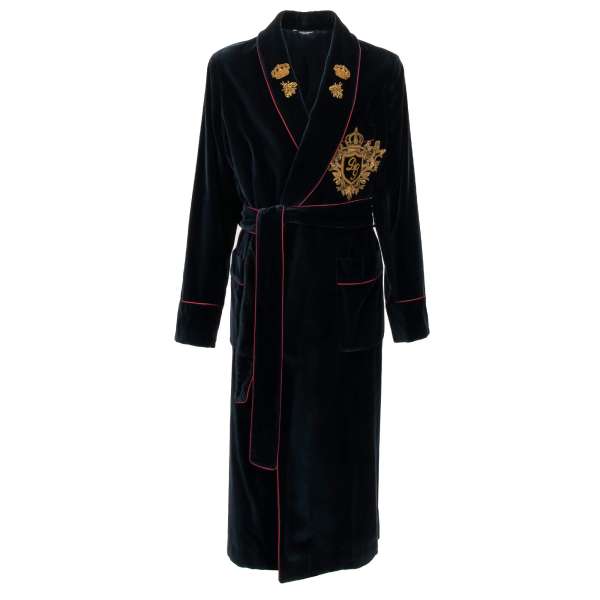 Royal Stil Samt Mantel mit Biene und Krone Stickerei, roten Kontrast Streifen und Gürtel-Verschluss in Blau von DOLCE & GABBANA