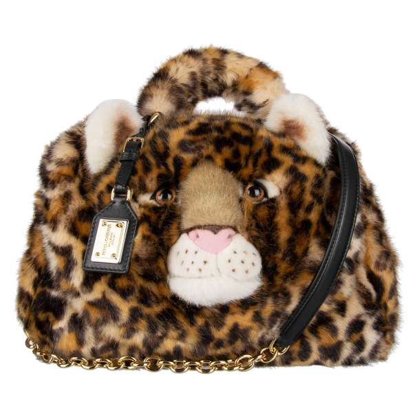 Calf leather and faux fur Tote / Shoulder Bag SICILY in leopard print with leopard head embellished with logo plate pendant by DOLCE & GABBANA