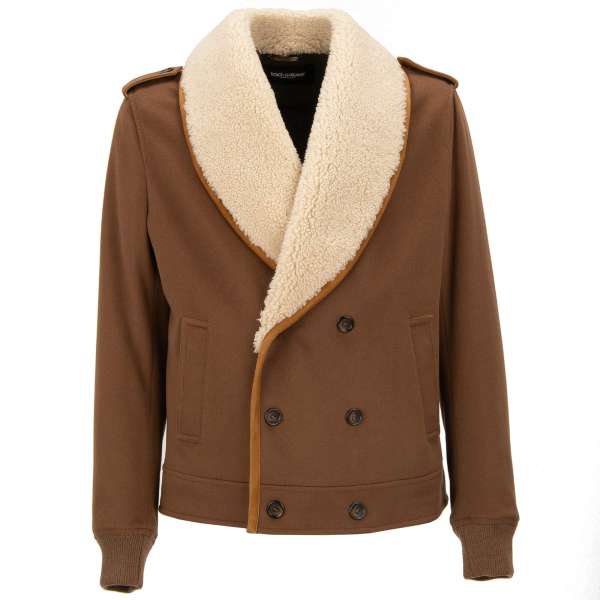 Double-breasted stuffed shearling coat / short jacket made of virgin wool and cashmere with shawl lapel by DOLCE & GABBANA