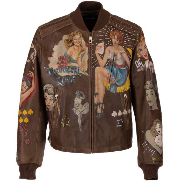Unique Hand Painted Bomber Jacket made of Bull Leather with Pin-Up Girls and lettering painting and zip pockets by DOLCE & GABBANA