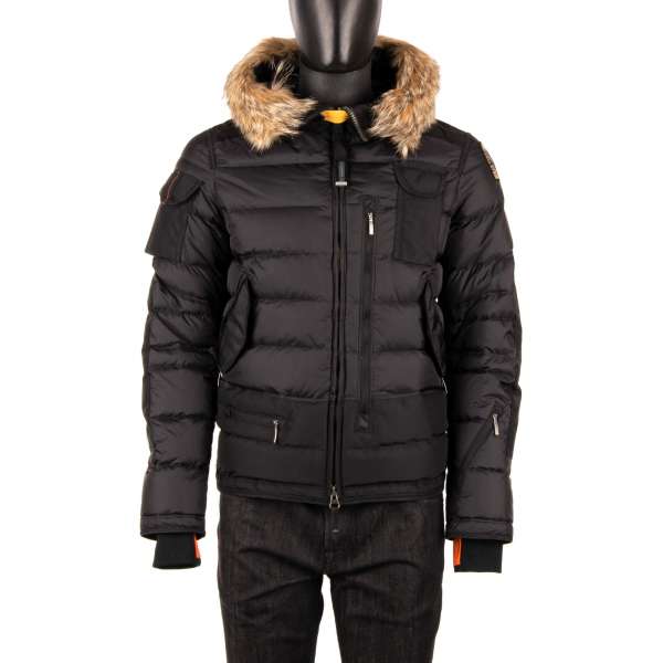 Skijacke / Daunenjacke SKIMASTER aus Nylon-Polyurethan-Taft mit abnehmbarem Echtpelzbesatz, Kapuze und vielen Taschen in Schwarz