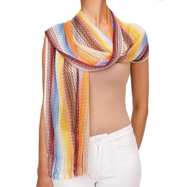 Großer Schal / Foulard aus Viskose mit Zickzack Muster in Orange, Weiß, Blau, Pink und Gelb von MISSONI