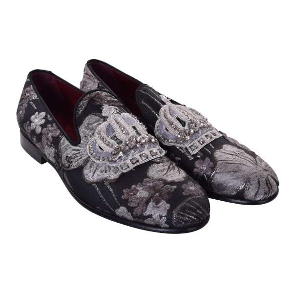 Slipper MILANO aus Lurex Brokat mit bestickter Krone aus Kunstperlen und Steinchen von DOLCE & GABBANA Black Label