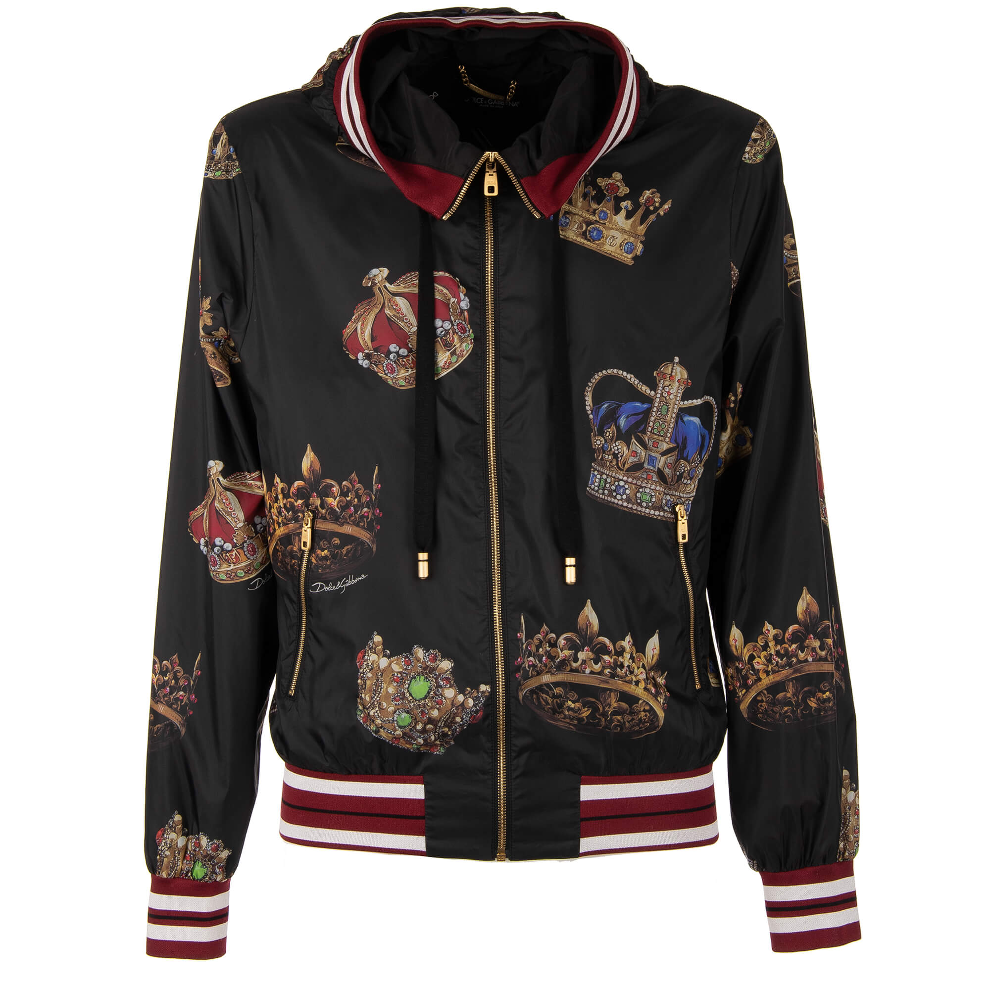 Dolce & Gabbana Crown Printed Bomber Jacket with Hoody and Pockets Black 48 M | FASHION ROOMS Dolce & Gabbana Crown Printed Bomber Jacket with Hoody and Pockets Black 48 M | FASHION ROOMS
