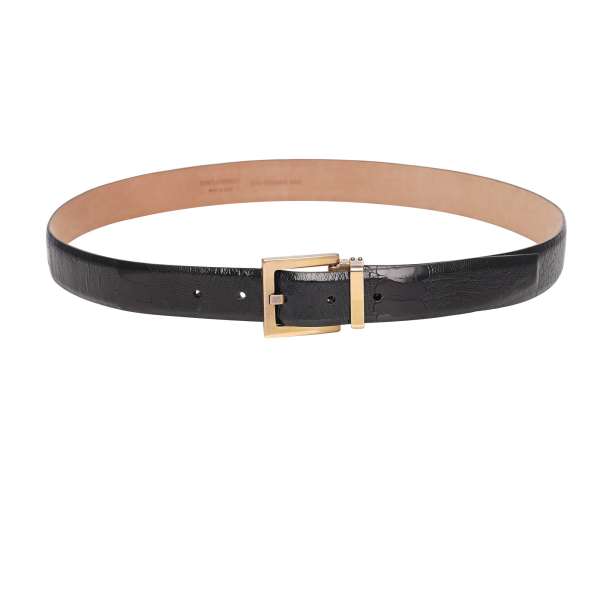 Ostrich Leather belt with metal buckle in black and gold by DOLCE & GABBANA