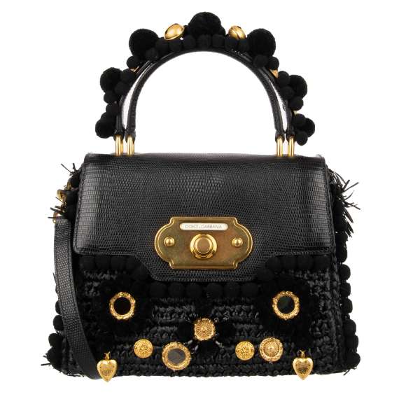 Charms and pom pom embellished Tote / Shoulder Bag WELCOME made of iguana textured leather and braided raffia by DOLCE & GABBANA