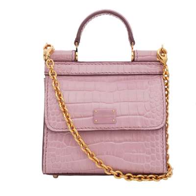 Croco Textured Leather Micro Crossbody Bag SICILY 58 with Logo Pink