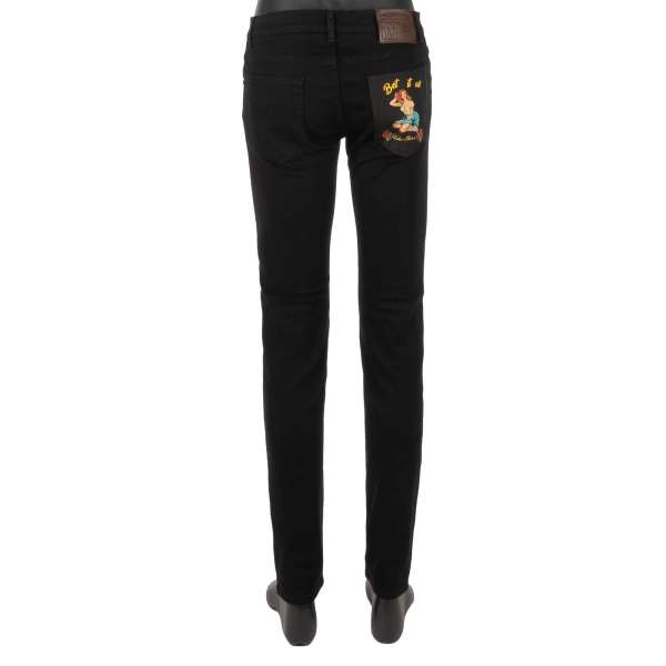 Skinny straight cut 5-pockets Jeans with BET IT ALL Rose Pin Up Pocket and DG Logo in black by DOLCE & GABBANA