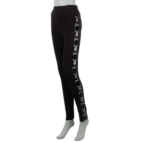 Leggings / Sport Trousers with stripes with Plein Playboy Crystals Logo on sides and Playboy Plein crystals logo plate at the back by PHILIPP PLEIN X PLAYBOY