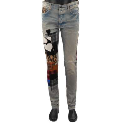 Artpatch Skinny Jeans with Patchwork Applications Indigo Clay Blue
