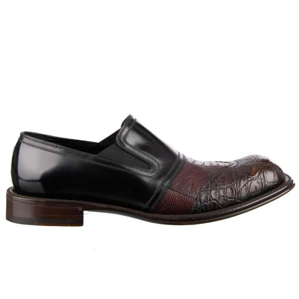 Exclusive stable patchwork Caiman, Ostrich and Calf Leather loafer shoes CROTONE in black, brown and bordeaux by DOLCE & GABBANA