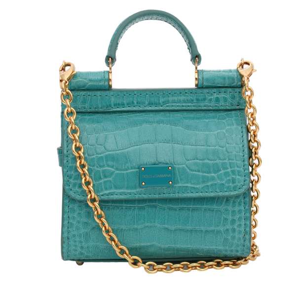 Crocodile textured calfskin Crossbody Clutch Bag SICILY 58 Micro with DG Logo plate and detachable metal chain strap by DOLCE & GABBANA