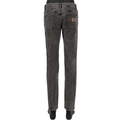 Distressed 5-Pockets Jeans Hose SLIM Metall Logo Schild Grau 48 M  