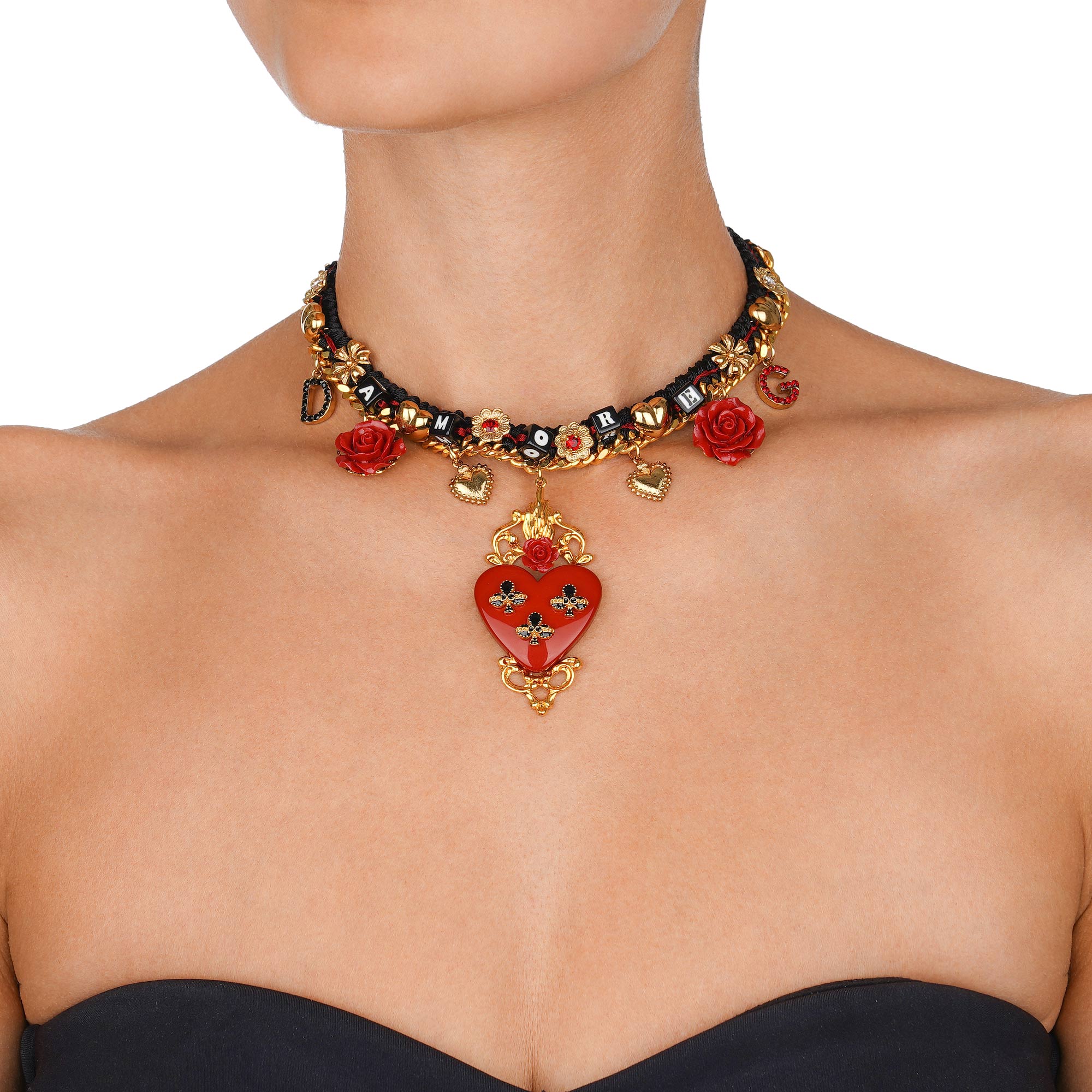 Dolce & Gabbana Amore Sacred Heart Crystal Rose Necklace Chocker Gold Red  Black | FASHION ROOMS