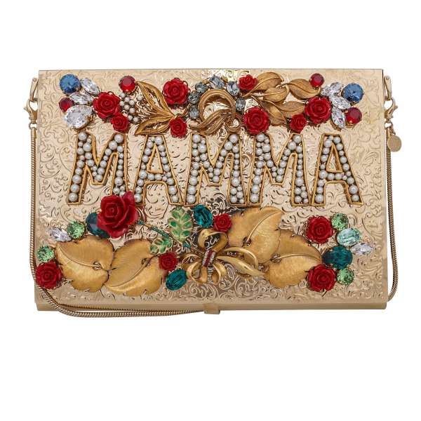 Goldene metallische Box Clutch MAMMA verschönert mit Kristallen, Perlen und Rosen Applikationen von DOLCE & GABBANA 