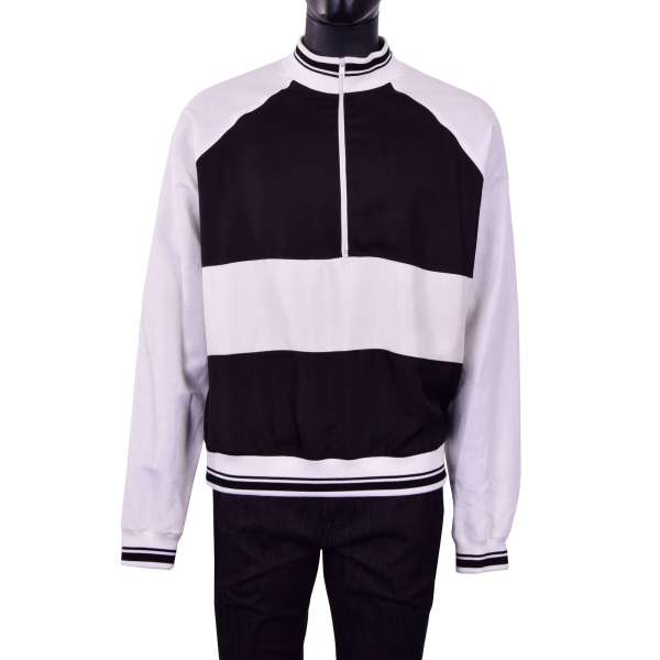 Linen and silk wide cut Sweater / Sweatshirt with zip fastening in white and black by DOLCE & GABBANA Black Line