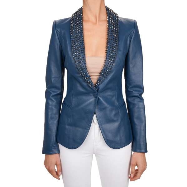 BEAUTIFUL MONSTER Leather Jacket / Blazer with studded collar in silver and blue by PHILIPP PLEIN COUTURE