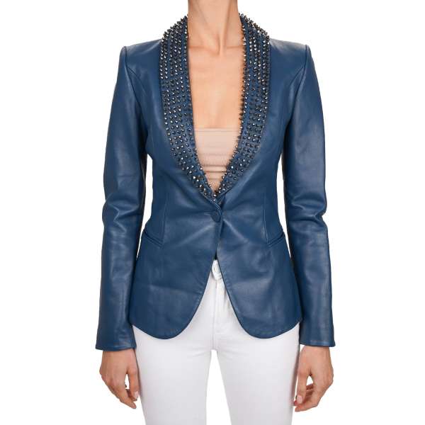 BEAUTIFUL MONSTER Lederjacke / Blazer mit Nieten verzierten Kragen in Silber und Blau von PHILIPP PLEIN COUTURE