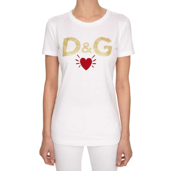 Cotton T-Shirt with D&G Glitter gold logo, velvet heart and gold patch logo on the back in white and red by DOLCE & GABBANA