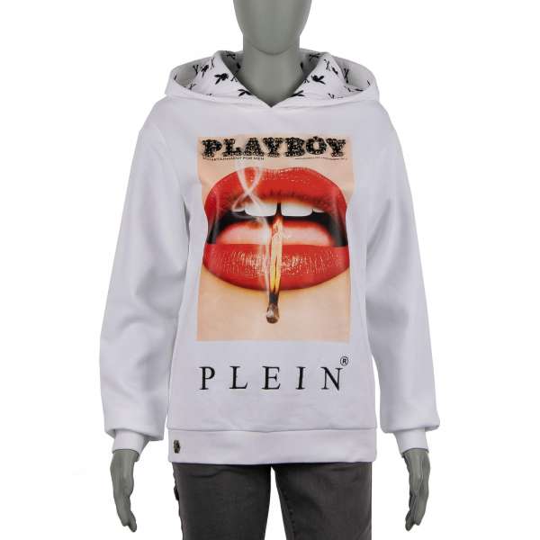 Women's Hoody with a crystals PLAYBOY Headline and print of a magazine cover of Lauren Young's lips at the front and printed PLAYBOY PLEIN lettering at the back by PHILIPP PLEIN X PLAYBOY